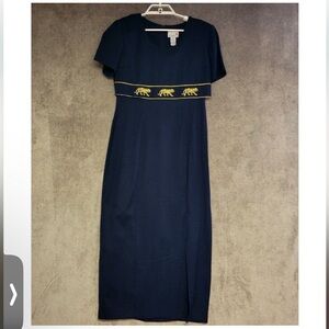 Vintage Scarlet Maxi Dress Womens 7/8 Blue Gold Metallic Embroidered Tiger Tie